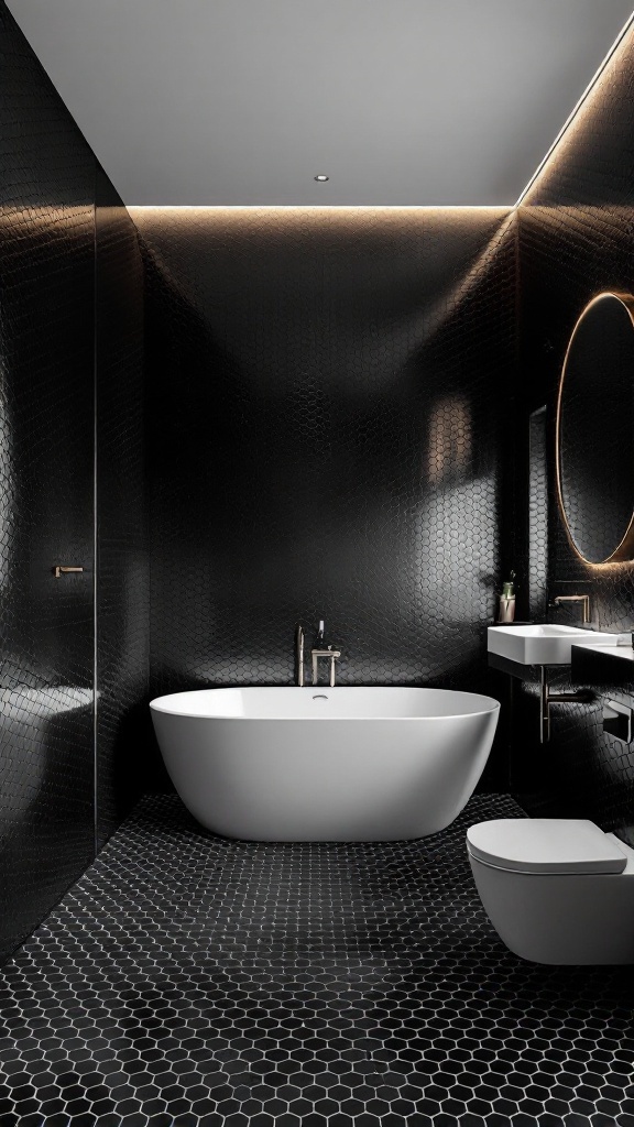 A modern black hexagon tile bathroom featuring textured tiles on walls and floor, a white freestanding tub, and warm lighting.