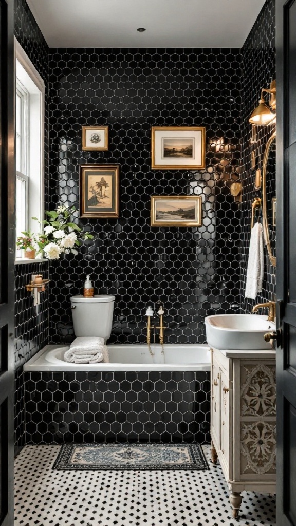 A stylish bathroom featuring black hexagon tiles, vintage framed artwork, and modern fixtures.