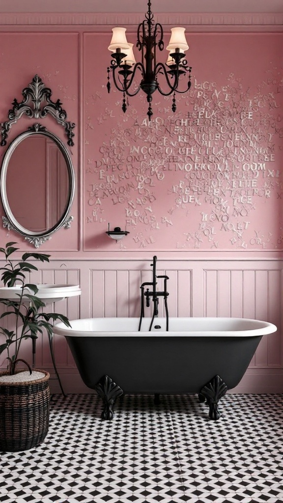 A vintage-inspired bathroom with pink walls, a black freestanding bathtub, and elegant decor.