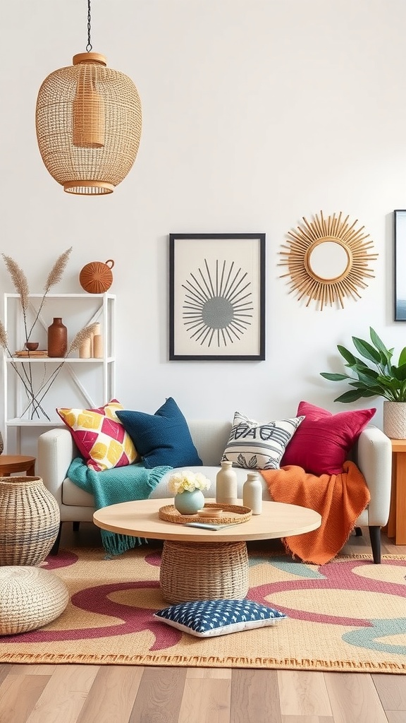 A bright and colorful living room with various decorative accessories, including pillows, rugs, and a woven light fixture.