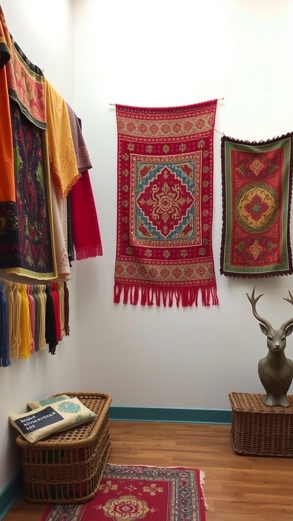 Colorful fabric wall hangings in a room with a deer statue and woven baskets.