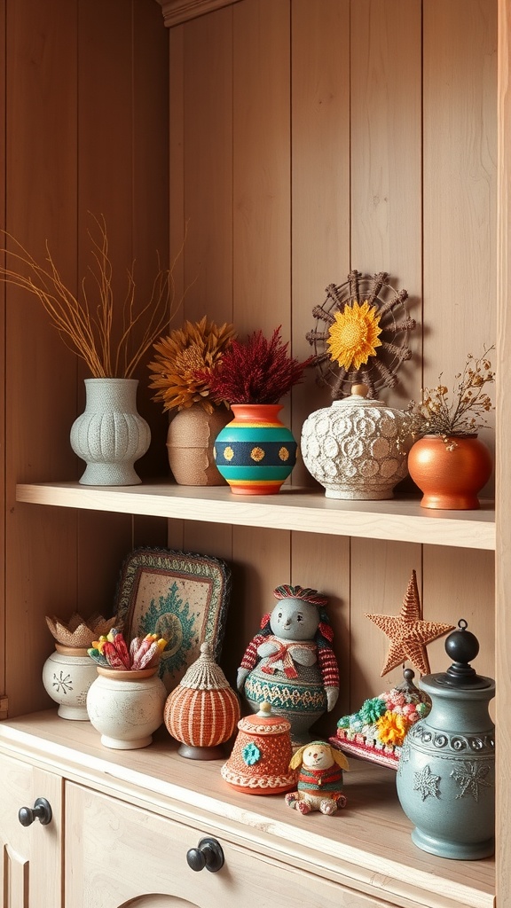 A variety of colorful artisan handmade crafts arranged on wooden shelves.