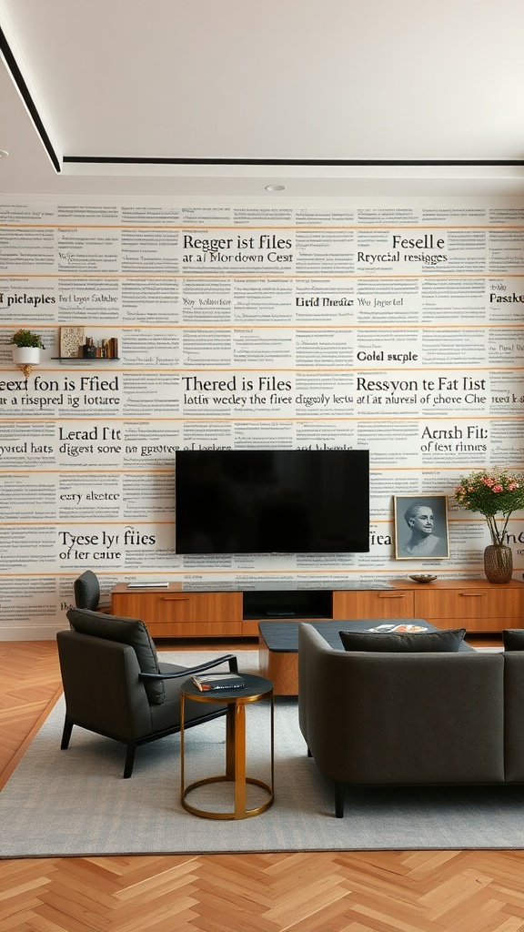 A stylish living room with an artistic accent wall covered in text, featuring modern furniture.