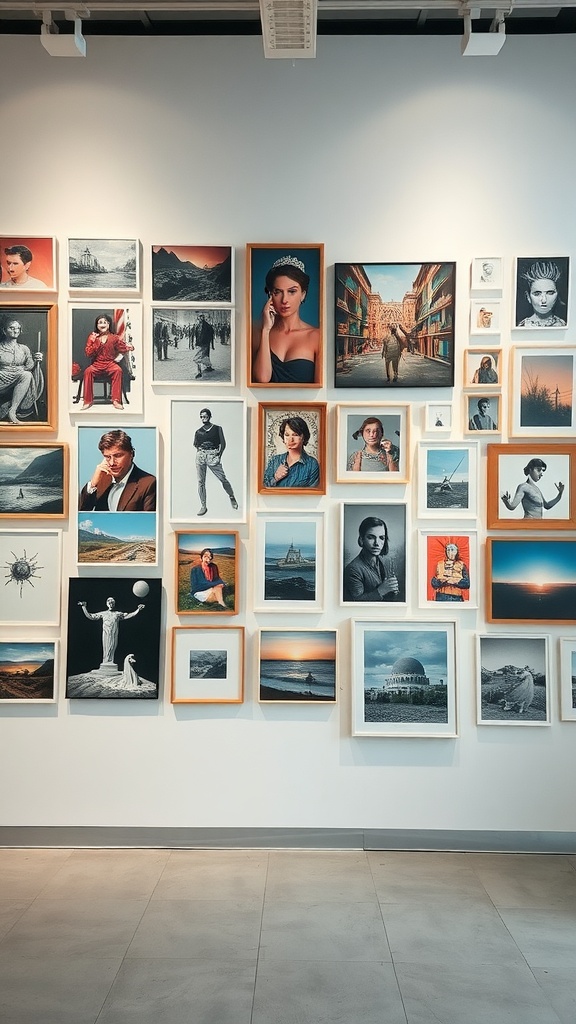 A gallery wall displaying various framed artworks and photographs in different styles and themes.