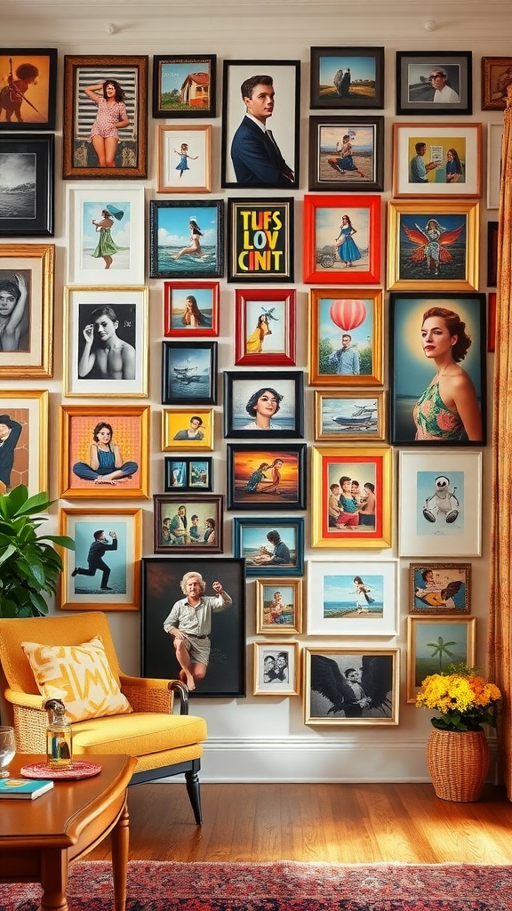 A colorful gallery wall filled with various framed photographs and artworks, alongside an inviting yellow armchair and a small table.