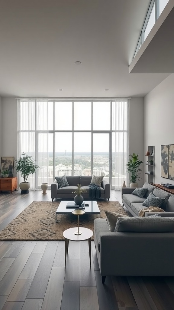 A spacious contemporary living room with large furniture pieces, including grey sofas and a central coffee table, illuminated by natural light from large windows.