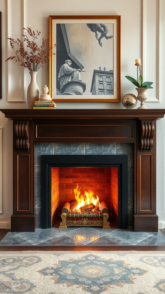 Elegant wooden fireplace with an ornate log holder and artwork above it.