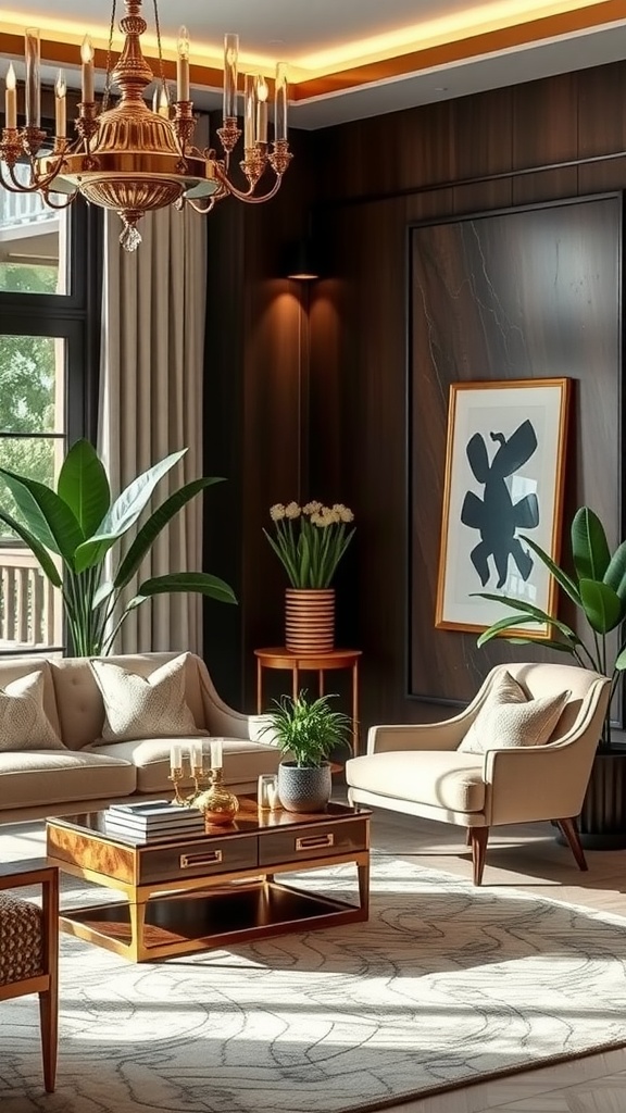 A luxurious living room featuring rich wooden tones, plush sofas, a chandelier, and decorative plants.