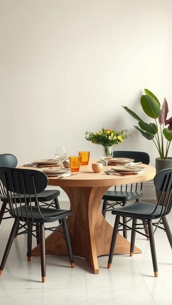 A dining area with a wooden table surrounded by chairs, featuring flowers and plants, highlighting biodegradable decor.