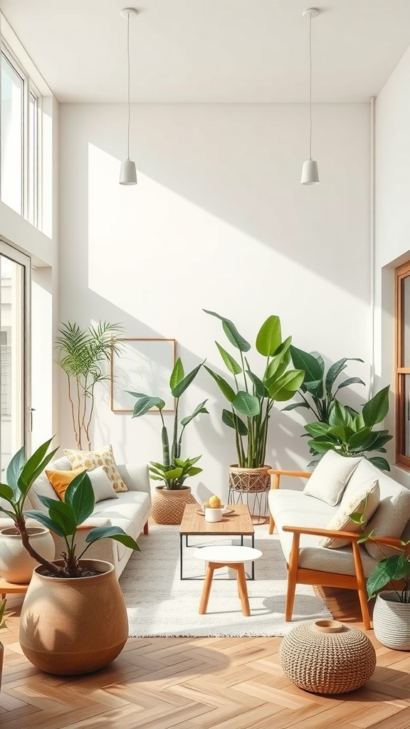 A bright living room featuring various indoor plants, light furniture, and natural lighting.