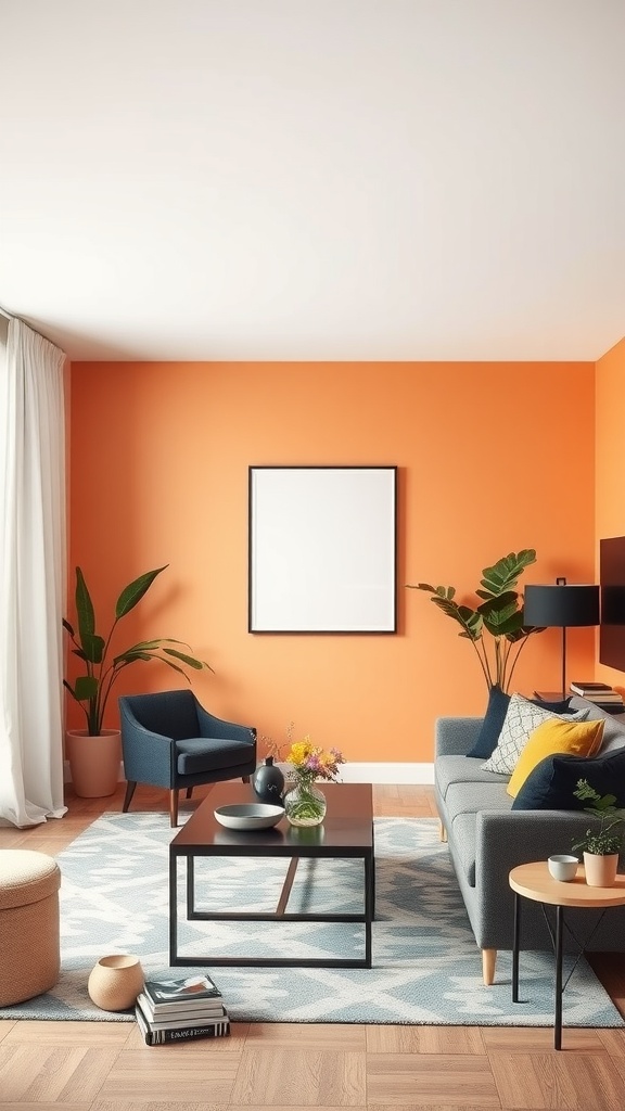 Living room with an orange accent wall featuring a gray sofa, navy chairs, and plants.