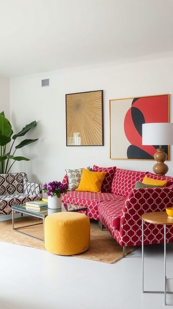 Living room with bold geometric patterns in furniture and artwork