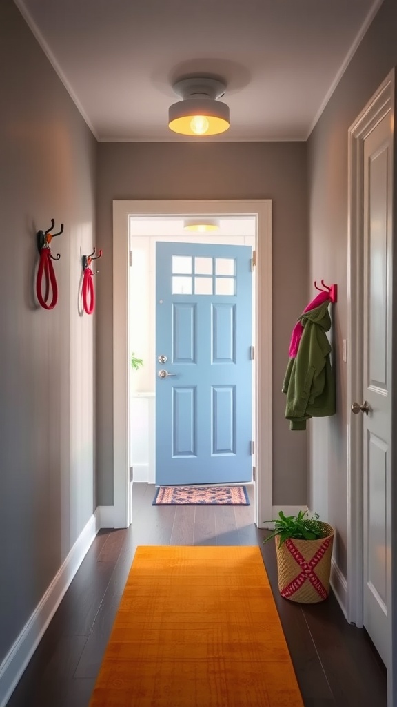 A colorful entryway featuring a blue door, red hooks, orange runner rug, and a potted plant.