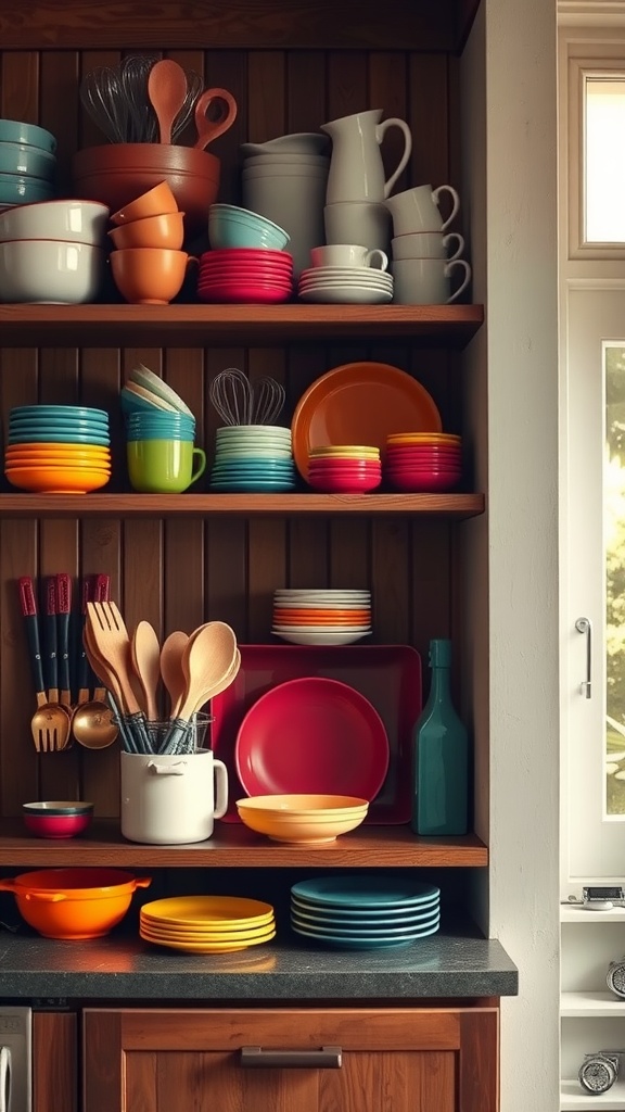 Colorful kitchenware displayed on wooden shelves, featuring various plates, bowls, mugs, and utensils.