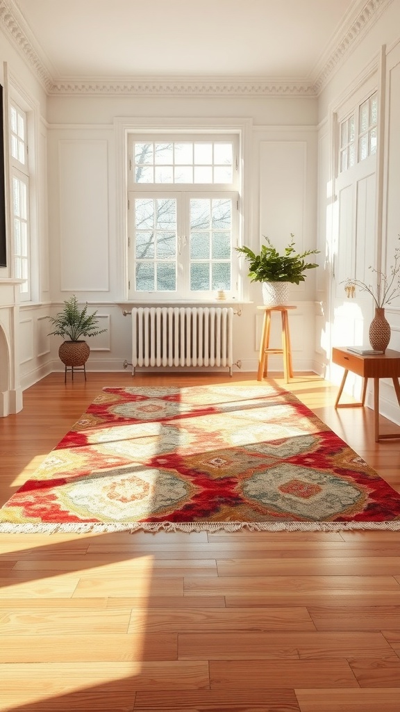 A bright red and patterned rug in a sunlit room with wooden flooring.