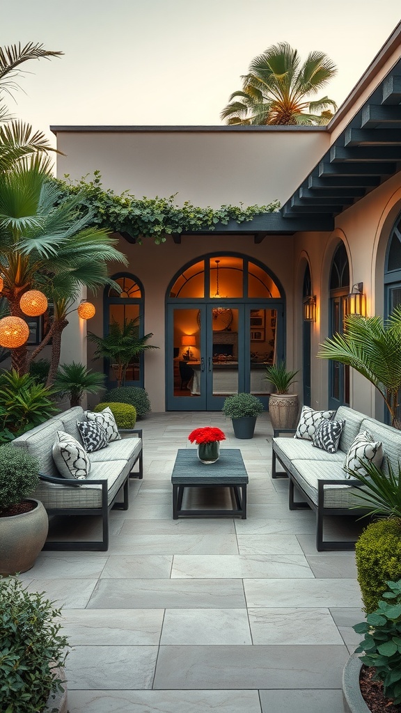 A charming outdoor living area with comfortable seating, potted plants, and soft lighting