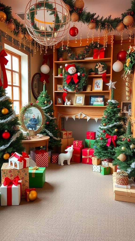 A cozy room decorated for the holidays with Christmas trees, gifts, and festive decor.