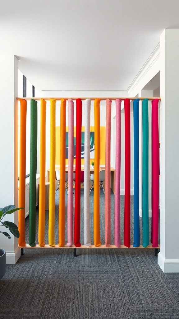 Colorful fabric area divider with bright hues separating two spaces
