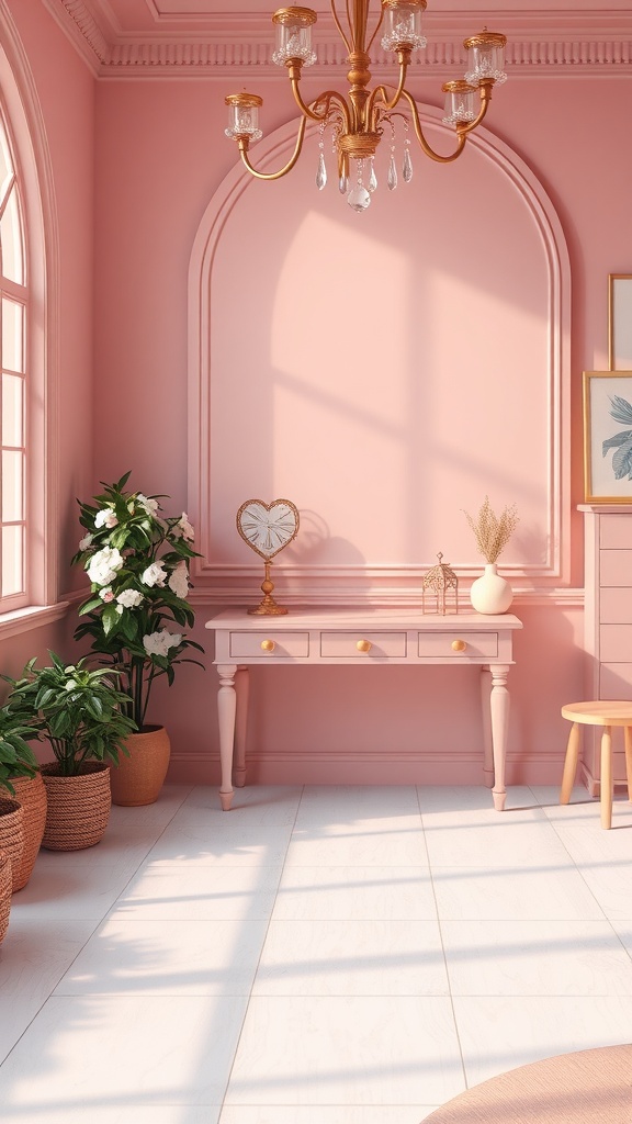 A stylish room with soft pink walls, wooden furniture, and green plants, showcasing a cohesive color palette.