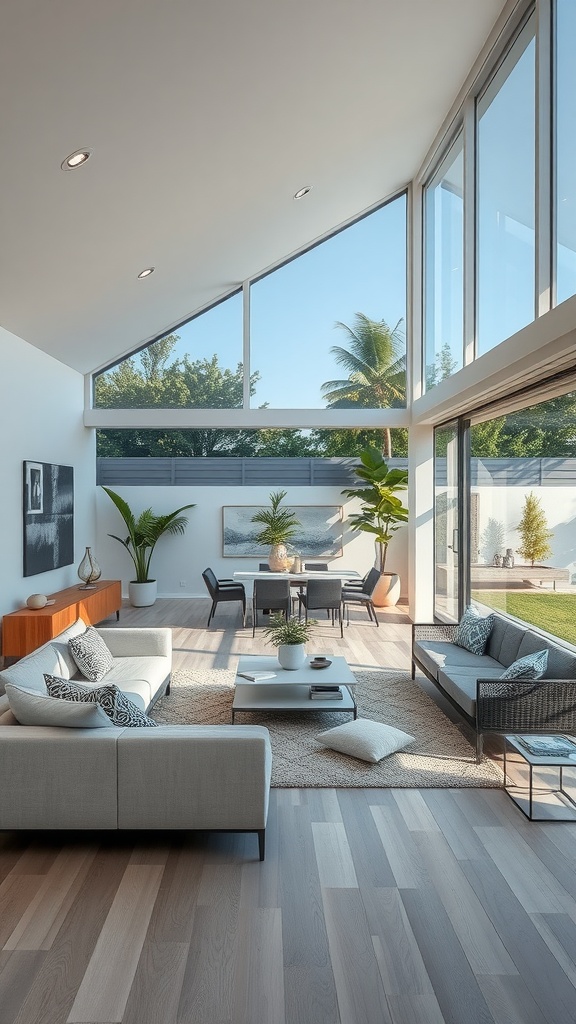 Modern living room with large windows connecting to outdoor patio, featuring natural materials and plants.