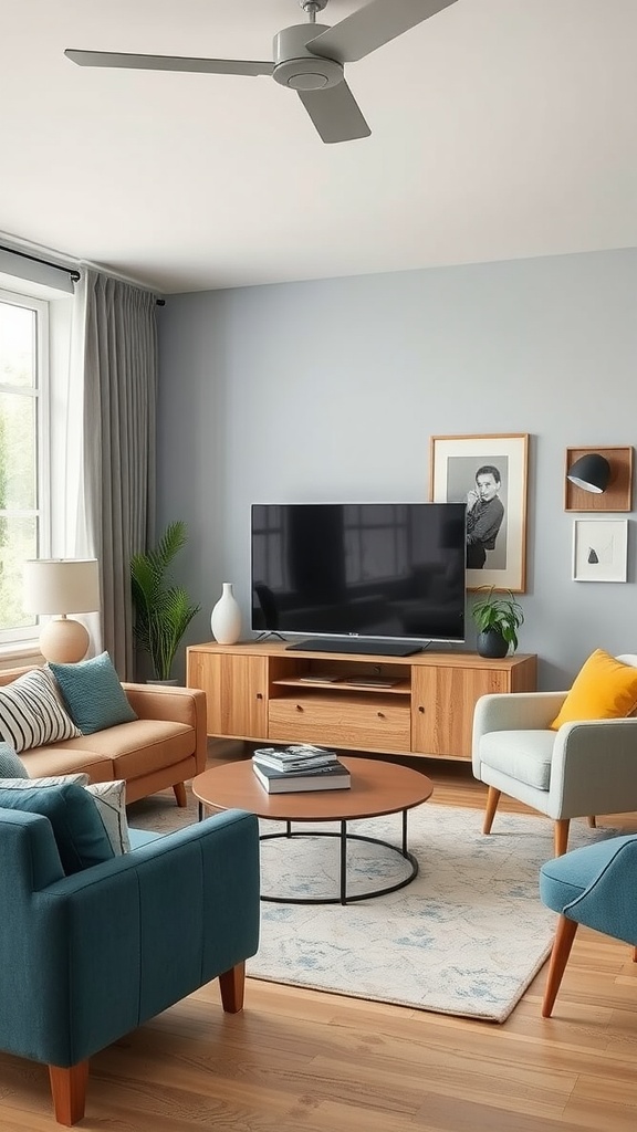 A vibrant living room featuring color blocked accessories with teal and orange chairs, a wooden coffee table, and light gray walls.
