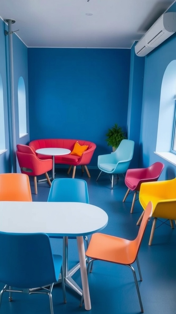 A colorful room featuring a blue wall, multi-colored chairs, a light blue table, and a pink sofa with an orange cushion.