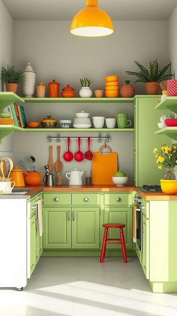 A colorful kitchen featuring green cabinets, orange and red accents, and open shelves with dishware and plants.