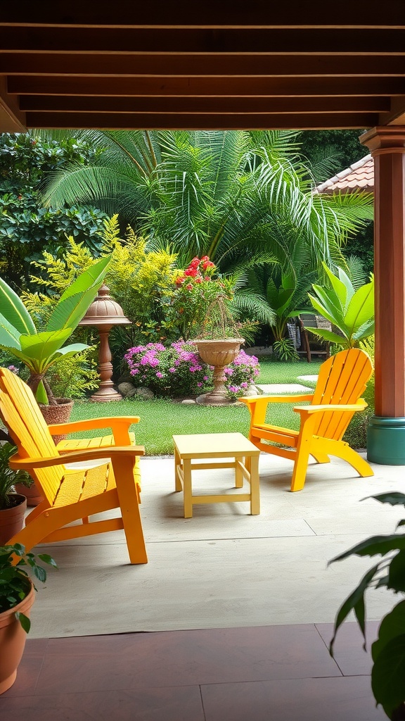 Bright yellow outdoor chairs and a small table surrounded by lush greenery and flowers