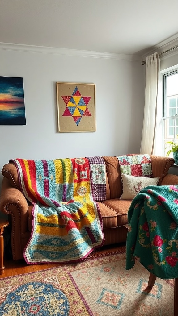 A cozy couch with colorful quilts and throws draped over it, enhancing the room's decor.