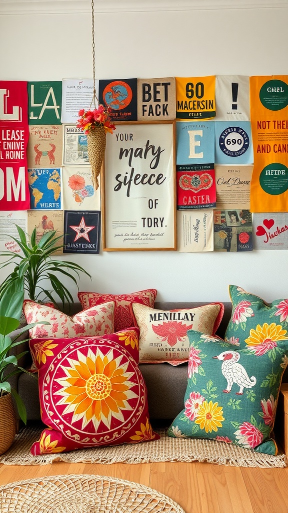 A cozy nook featuring colorful upcycled fabric pillows and a wall art display made from various textiles.