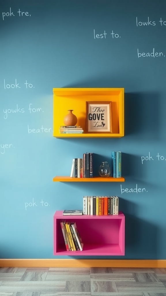 Colorful wall shelving with yellow, orange, and pink shelves on a blue background