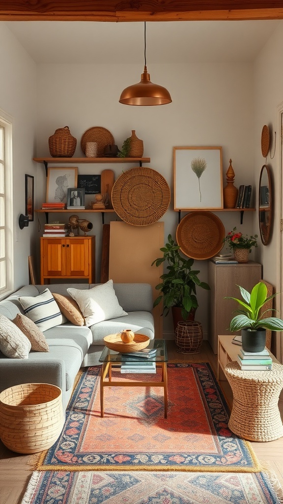 A cozy living room with woven baskets, plants, and handmade decor, showcasing community-sourced materials.