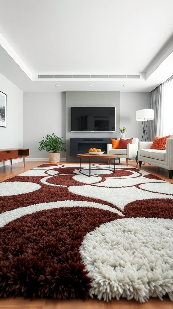 A modern living room featuring a stylish contemporary rug with a playful design in shades of brown and white.