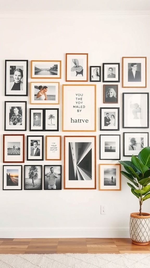 A gallery wall featuring a mix of framed black and white photos with a leafy plant in front