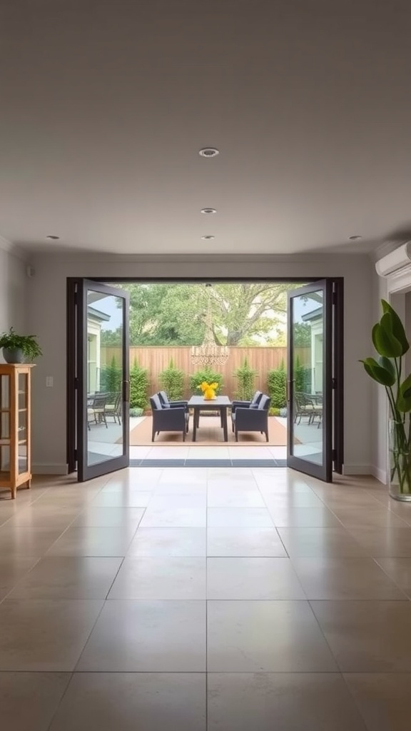 View of an open indoor space leading to an outdoor patio with furniture and greenery