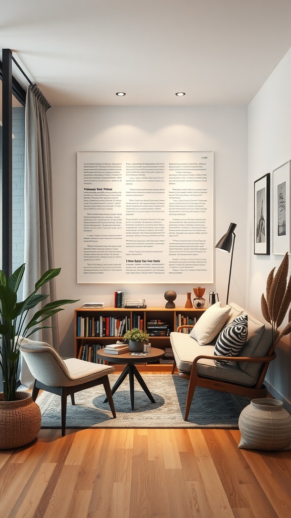 A cozy reading nook featuring a comfortable armchair, a small table, bookshelves filled with books, and a stylish lamp, set in a well-lit space.