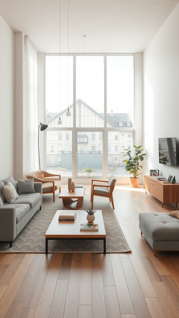 Modern living room with distinct seating areas and natural light