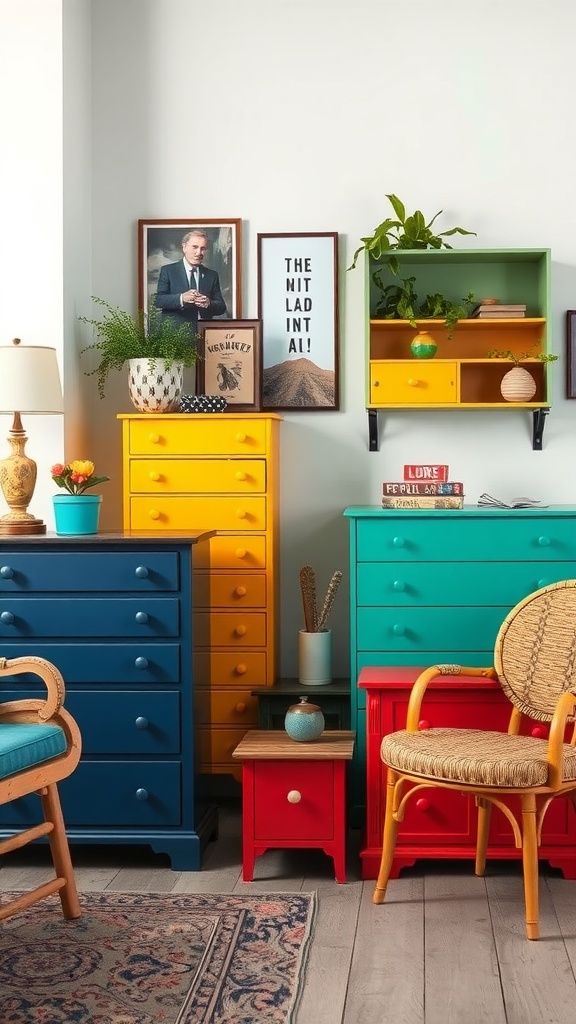 Colorfully upcycled furniture in a bright room setting