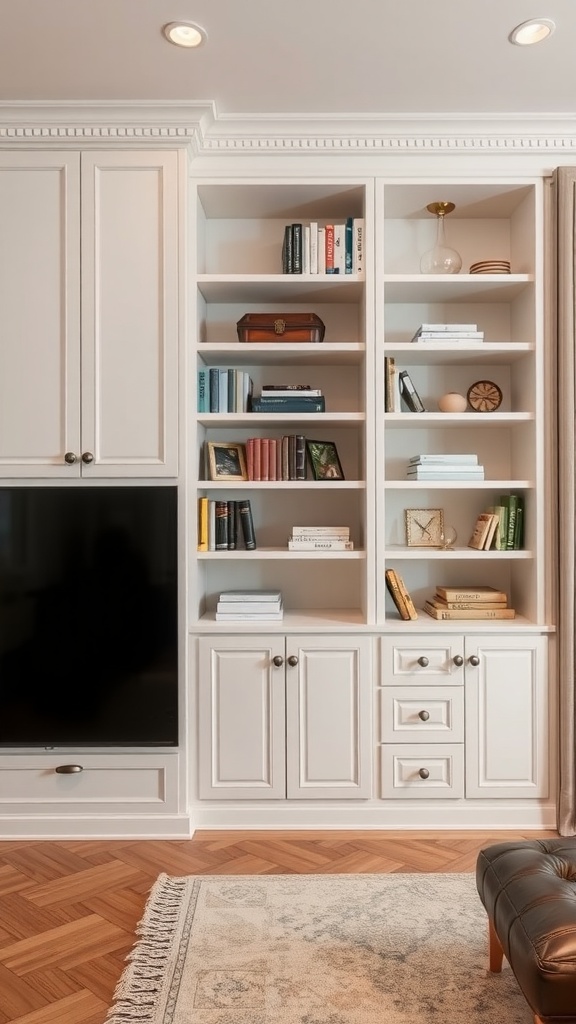 A cozy living room with customized built-in storage featuring open shelves and closed cabinets.