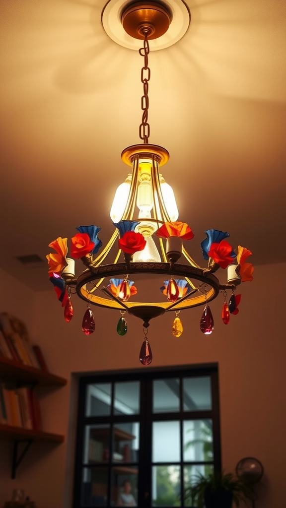 A colorful chandelier featuring red roses, blue accents, and sparkling teardrop crystals.