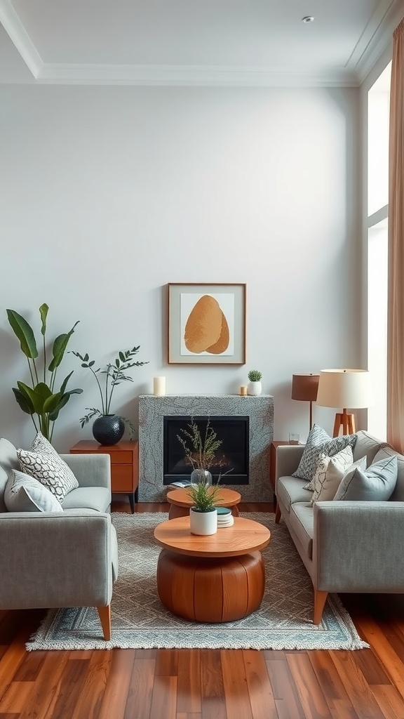 A cozy living room featuring grey sofas, wooden coffee table, plants, and warm lighting.