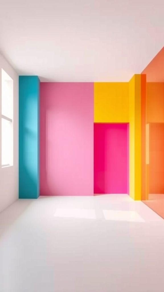 A brightly painted room with pink, yellow, and turquoise walls creating a dramatic color contrast.