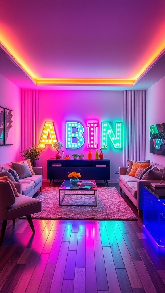 A colorful living room with dynamic LED lighting effects, featuring bright letters and a cozy seating arrangement.