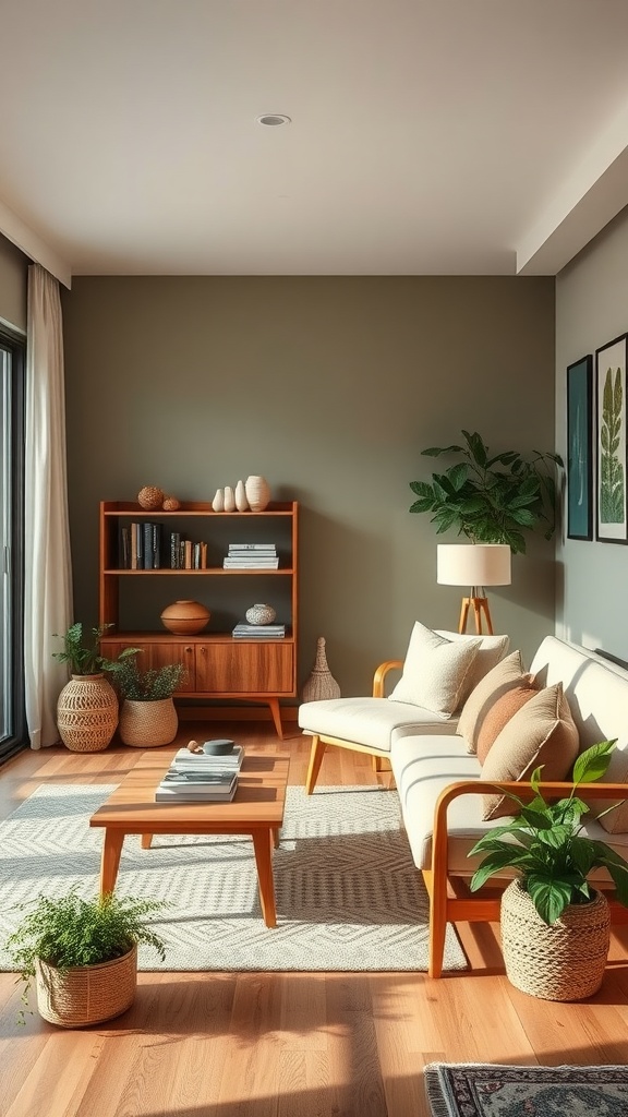 A cozy living room with earth tone decor, featuring a neutral sofa, wooden furniture, houseplants, and a warm wall color.