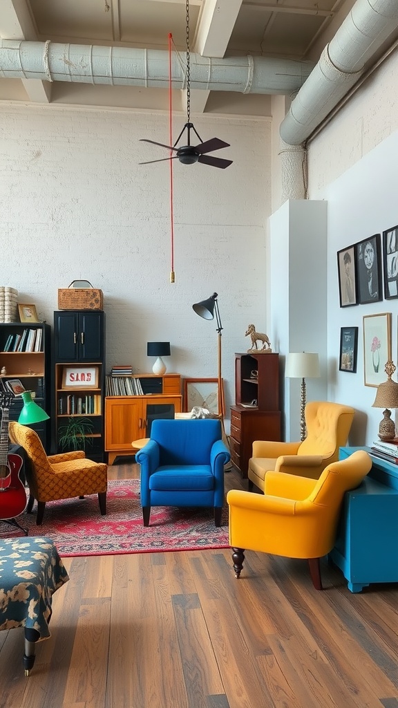 A cozy living room scene with eclectic furniture including colorful armchairs, a rug, and vintage storage.