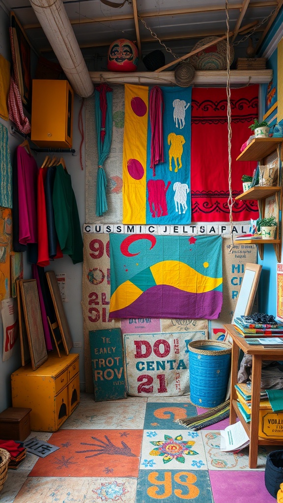 Colorful room decor with mixed materials including textiles, wooden furniture, and bright patterns on the floor.
