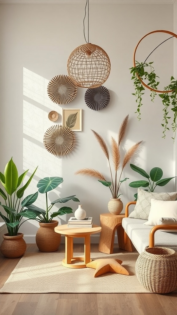 A cozy interior with eco-friendly decorative accents, featuring plants, woven baskets, and natural light.