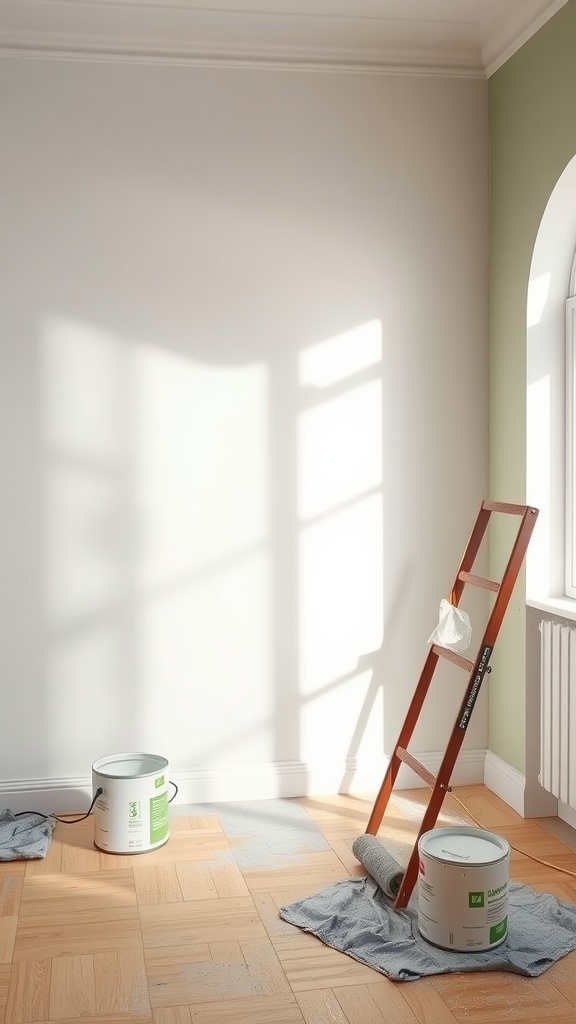 A room being painted with eco-friendly paint, featuring a ladder, paint cans, and a roller.