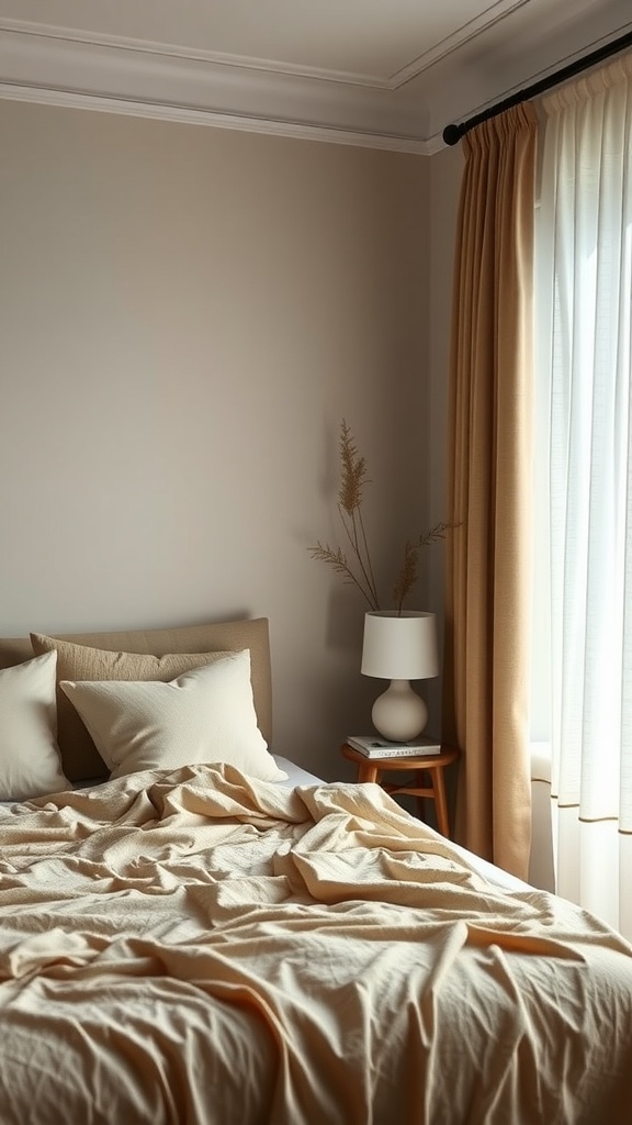 A cozy bedroom featuring eco-friendly textiles in warm tones, with a neatly made bed and natural decor elements.