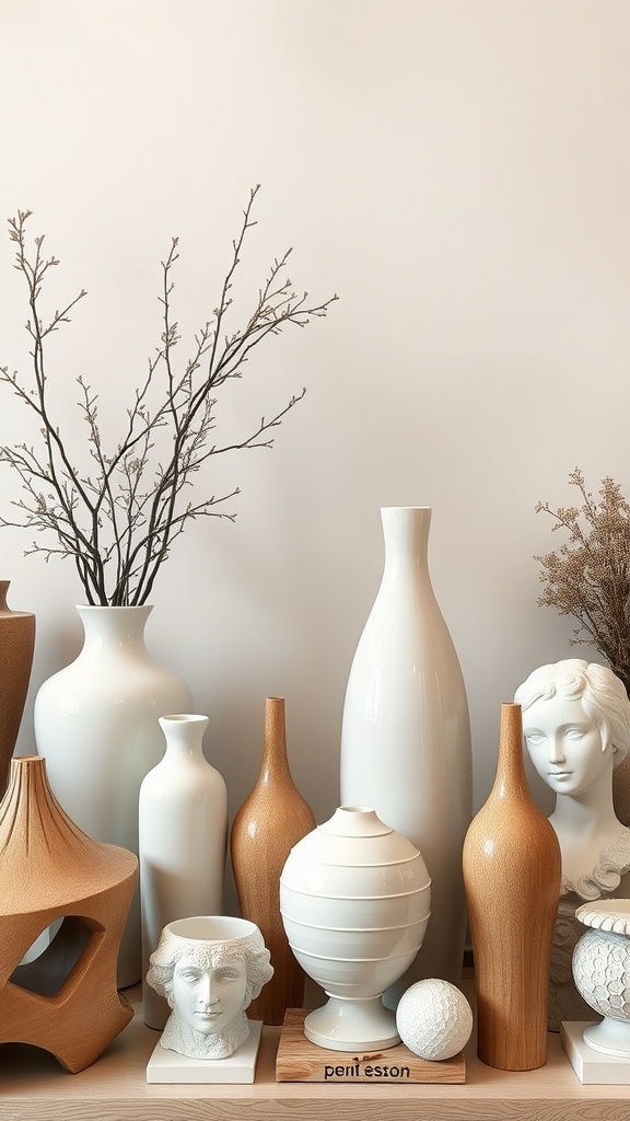 A display of elegant home decor accessories including vases, sculptures, and natural elements.